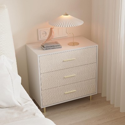 Garvee Modern White 3-Drawer Chest with Linen-Textured Fronts, Brushed Gold Handles, and Adjustable Feet Lacquered Engineered Wood,White