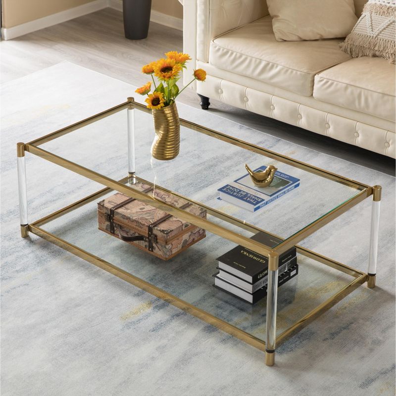 Fabulaxe Acrylic Rectangular Modern Gold Metal Coffee Table with Tempered Glass and Shelf for Office, Dining Room, Entryway, 5 of 9