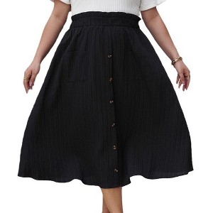 Clearlove Women's Vintage Skirts Stretch High Waist A-Line Flared Pleated Midi Skirts with Pockets & Buttons - 1 of 4
