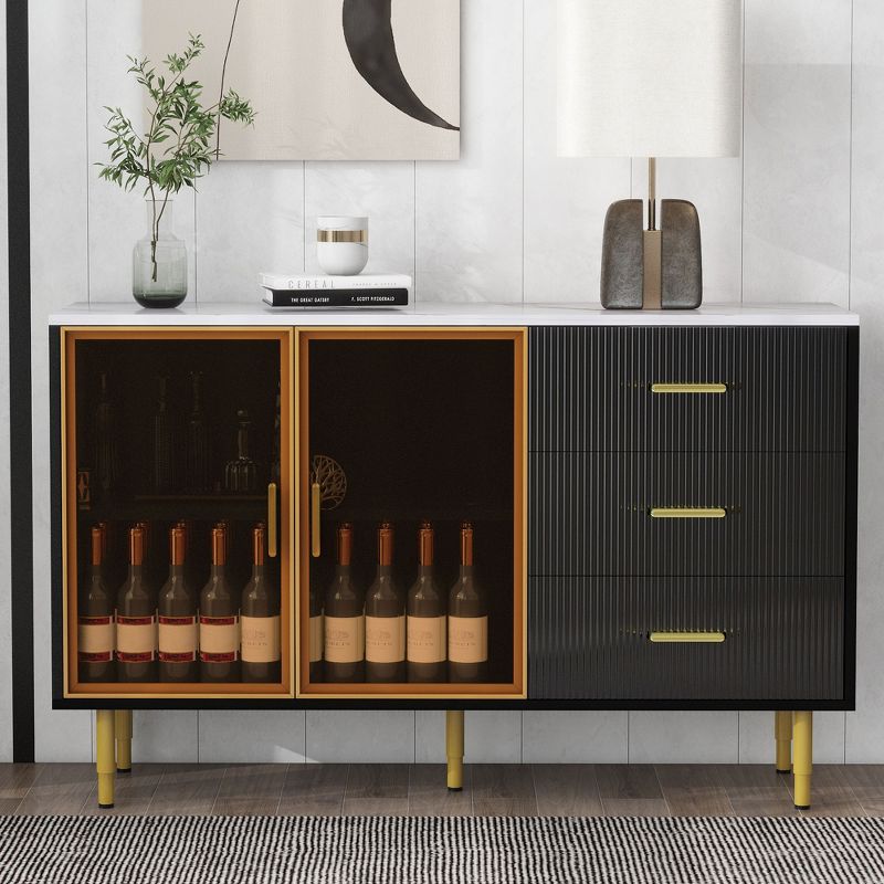 Modern Sideboard, Buffet Storage Cabinet with Amber-yellow Tempered Glass Doors and Gold Metal Legs & Handles-ModernLuxe, 2 of 14