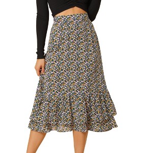 INSPIRE CHIC Women's Chiffon Elastic Waist Ruffle Tiered Flowy Midi Floral Printed Skirts - 1 of 4