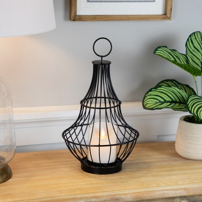 Black Metal Cage Hurricane Lantern with Glass Cylinder, 14"