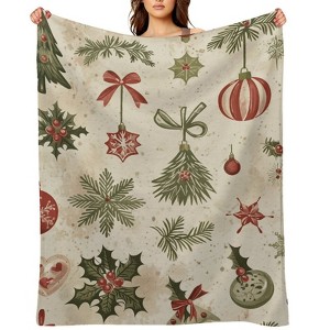 FIONECA Rustic Christmas Decor Blanket with Holly Bow Snowflake and Ornament Pattern Warm Cozy Holiday Throw 50x60 inches - 1 of 1