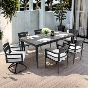 7-Piece Aluminum Patio Dining Set, 71" Sintered Stone Top Rectangular Table and 4 Armchairs & 2 Swivel Rockers with Sunbrella Cushions – Cuddlewood - 1 of 4