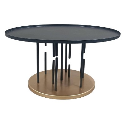 31" Round Matte Black and Brass Metal Coffee Table