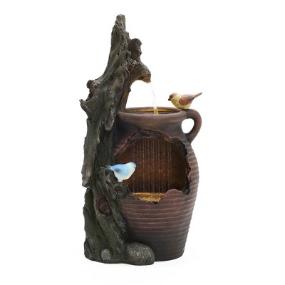 LuxenHome 30" Farmhouse Water Fountain, Rustic Pot and Tree Trunk Cascading Waterfall Fountain Outdoor and Indoor with LED Lights Brown
