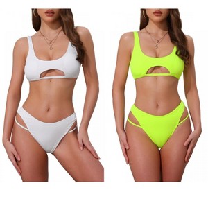 INSPIRE CHIC Women's Ribbed Scoop Neck Top Triangle Bottom Swimwear Bikini Suits 2 Sets - 1 of 4