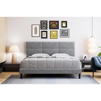 Coucheta Velvet Bed Frame - Upholstered Platform with Headboard, Mirror Steel Accents, Wood Slats, No Box Spring