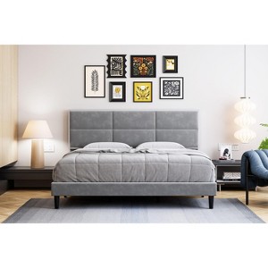 Coucheta Velvet Bed Frame - Upholstered Platform with Headboard, Mirror Steel Accents, Wood Slats, No Box Spring - 1 of 4