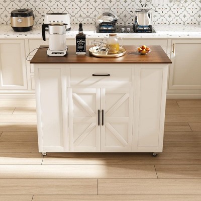 JUJABU 46" White Kitchen Island Cart with Power Outlet, Storage Drawer, Adjustable Shelf & Wood Top