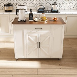 JUJABU 46" White Kitchen Island Cart with Power Outlet, Storage Drawer, Adjustable Shelf & Wood Top - 1 of 4