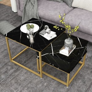 Nesting Coffee Tables Set of 2, Black Marble Nesting Side Tables, Nesting End Table with Drawer Storage，Nesting Tables with Metal Frame - 1 of 4