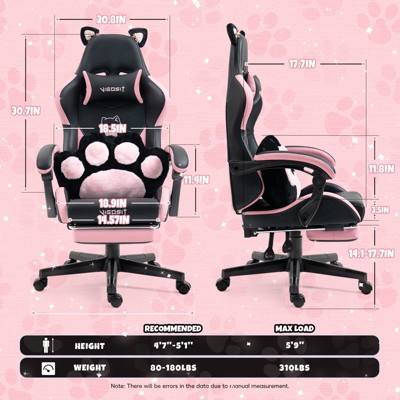Dimension diagram of cat-themed gaming chair showing measurements