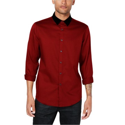 I.N.C International Concepts Mens Velvet Collar Button Up Shirt, Red, Small
