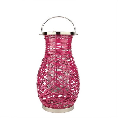 Northlight 16.25" Modern Fuchsia Pink Decorative Woven Iron Pillar Candle Lantern with Glass Hurricane