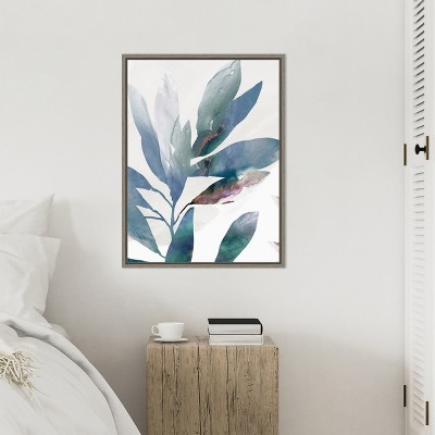 Indigo Sprig Abstract Floral Canvas Wall Art with Gray Frame