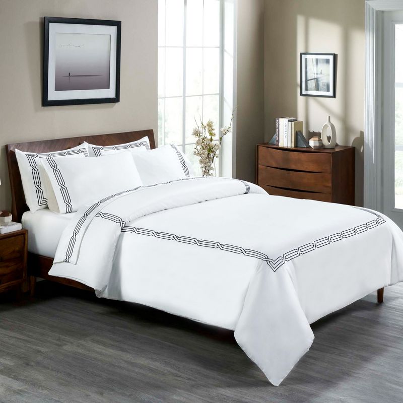 Luxury 1200 Thread Count Cotton Geometric Scroll Embroidered 3 Piece Duvet Cover Set by Blue Nile Mills, 5 of 6