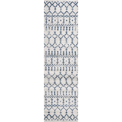 Cream and Navy Moroccan Trellis Synthetic Runner Rug
