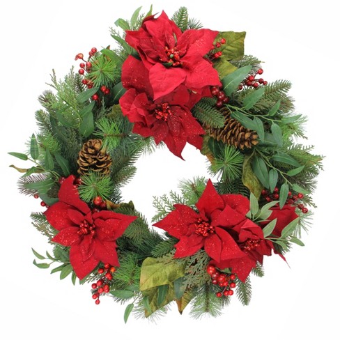 Allstate Floral Red Poinsettia Blooms And Pine Cone Artificial Floral ...