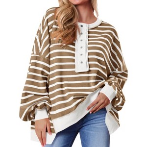Imily Bela Women Color Block Waffle Knit Top Oversized Comfort  Casual Sweatshirt - 1 of 4