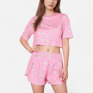 Anna-Kaci Lounge Women's Daisy Print Pajama Set with Cropped Short Sleeve Top Crew Neckline and Elastic Waist Relaxed Fit Shorts - 1 of 4