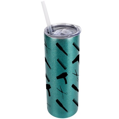 Elanze Designs Turquoise Blue 20 Ounce Double Wall Stainless Steel Glitter Travel Tumbler With Sliding Lid And Straw, Hair Stylist Barber