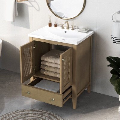 NicBex Bathroom Vanity with/without Ceramic Sink,1 Door&1 Drawer,Solid Wood Frame Bathroom Storage Cabinet,No Faucet Included.Natural