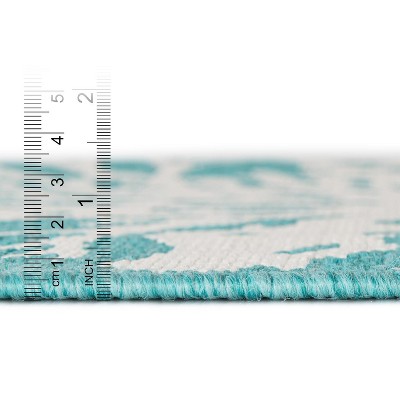 Teal and Ivory Synthetic Square Outdoor Rug