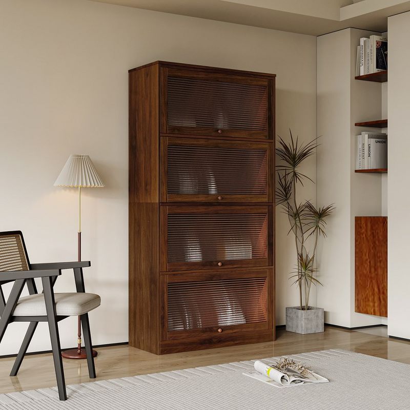 4-Tier Bookcase With Clear Glass Flip-Up Doors, Floor Storage Cabinet, Free Standing Book Shelf Storage Organizer, 1 of 8