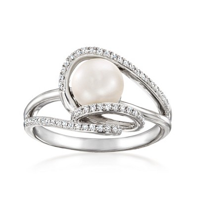 Ross-Simons 7-7.5mm Cultured Pearl and .15 ct. t.w. Diamond Swirl Ring in Sterling Silver