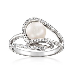 Ross-Simons 7-7.5mm Cultured Pearl and .15 ct. t.w. Diamond Swirl Ring in Sterling Silver - 1 of 4
