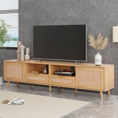 JUJABU Rattan TV Console for TVs up to 85", with Solid Wood Legs and Storage Cabinets for Living Room