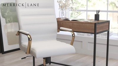 Elegant High-Back Black Faux Leather Office Chair with Gold Accents