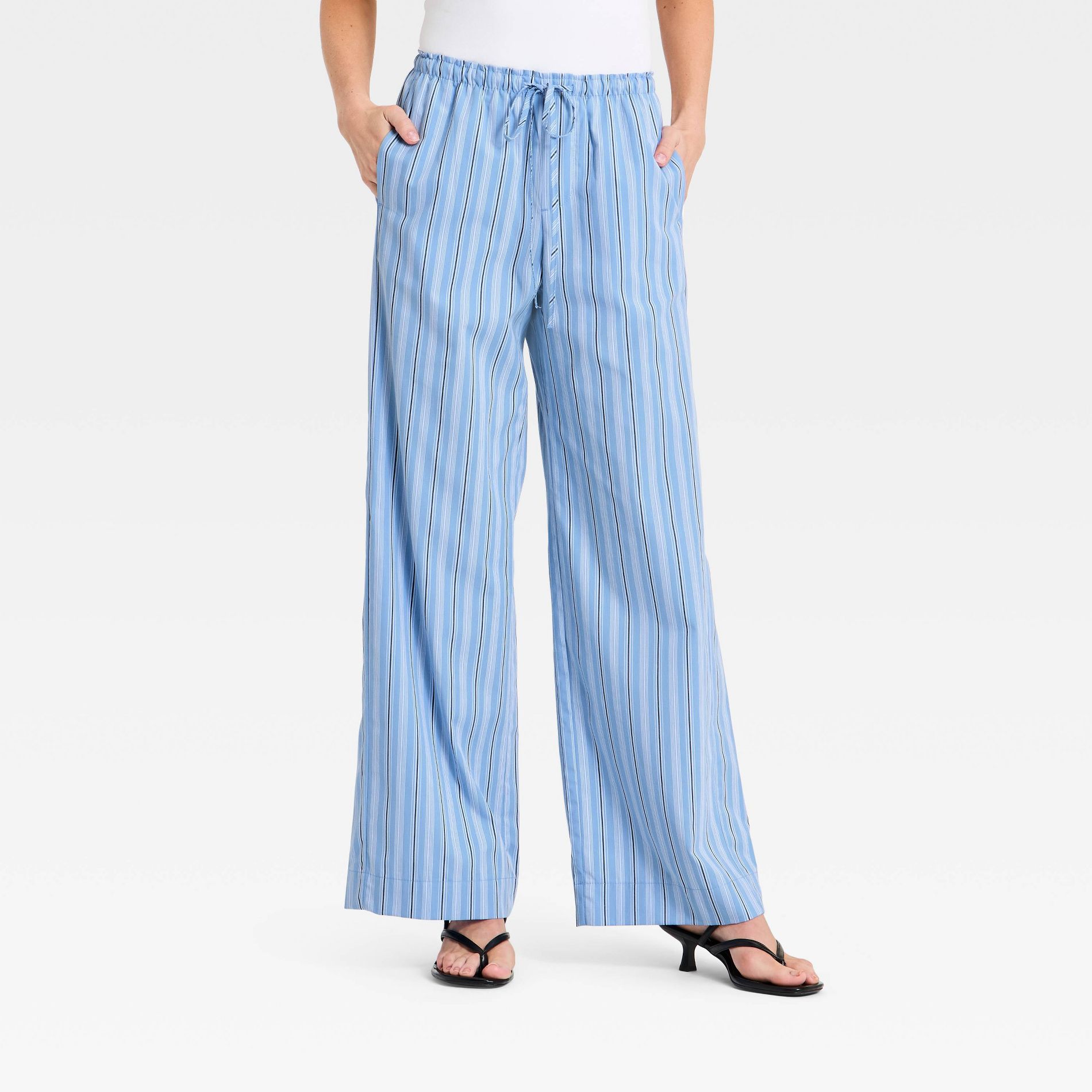 Women's Mid-Rise Poplin Straight Leg Pull-On Pants - A New Day™ Blue Striped