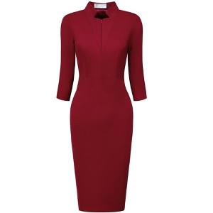 Hobemty Women's Business Stand Collar Zipper Neck 3/4 Sleeve Pencil Dresses - 1 of 4