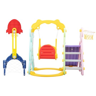 Infurnic Baby Activity Gyms 5-in-1 Kids Playground, Giraffe Design, Slide, Swing, Basketball, Football, Ring Toss, Multicolored, 40.55"*12.2"*22.83"