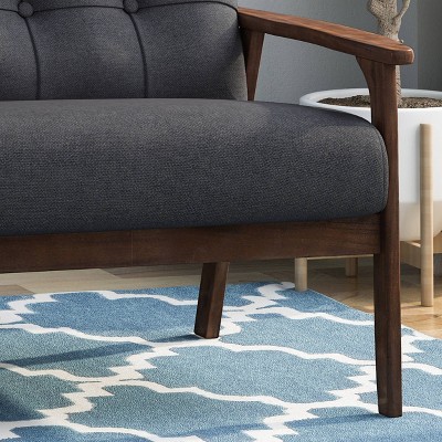 Mid-Century Tufted Black Fabric Sofa with Walnut Wood Frame