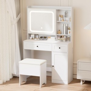 Vanity Desk with LED Mirror Lights and Power Outlet Charging Station, Makeup Dressing Table with Storage Stool White - 1 of 4