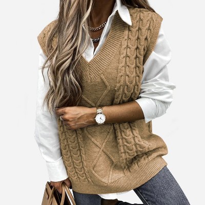 Women's Cable Knit V Neck Sweater Vest - Cupshe -brown : Target