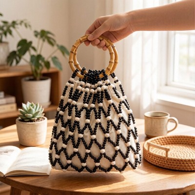 Сумки Alilang Beaded Drawstring Mini Bag with Bamboo Handle Structured Bucket Purse Lightweight Top Handle Handbag - Black — фото 2
