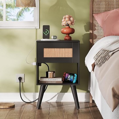 GALAXHERO Rattan Nightstands Set of 2 with Charging Station Boho Wood Side Tables Small End Tables with Drawers for Bedroom