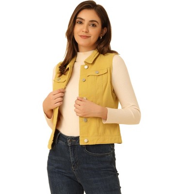 Allegra K Women's Buttoned Washed Denim Vest With Faux Chest Flap Pockets  Yellow Medium : Target