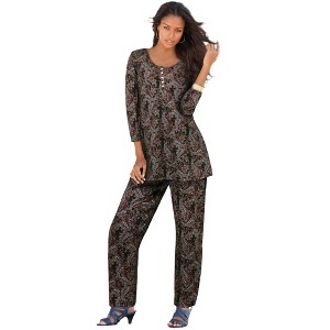 Roaman's Women's Plus Size Printed Three-Quarter Sleeve Henley Set - 1 of 4