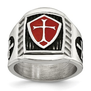 Black Bow Jewelry Men's 19mm Stainless Steel Red Enamel Cross Shield Tapered Ring - 1 of 4