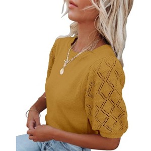 Women's Round Neck Short Sleeve Sweater Summer Casual Puff Sleeve Pullover Knit Top - 1 of 4