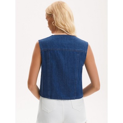 INSPIRE CHIC Women's Denim V Neck Western Button Up Sleeveless Cropped Jean Waistcoat Large Dark Blue — фото 4