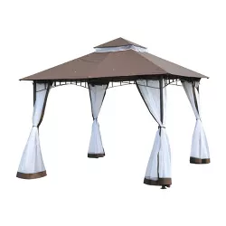 Outsunny 10'x10' Outdoor Patio Gazebo Canopy Metal Canopy Tent with 2-Tier Roof and Mesh Netting for Backyard, Coffee