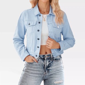 Women's Button Down Stretch Fitted Long Sleeve Cropped Denim Jacket Soft Denim Jean Jacket with Pockets Nashville Outfits - 1 of 4
