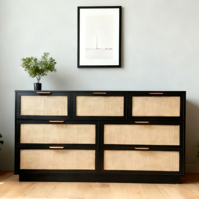 Rattan 7 Drawer Dresser, 55in Wide 7 Chest of Drawers with Metal Handles and Wooden Sturdy Base for Bedroom Living Room Nursery