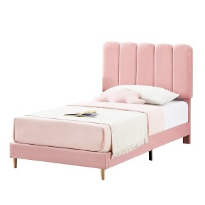 Twin Upholstered Platform Bed Frame with Wave Headboard, Wood Slats, No Box Spring Needed, for Kids or Teens - 1 of 4